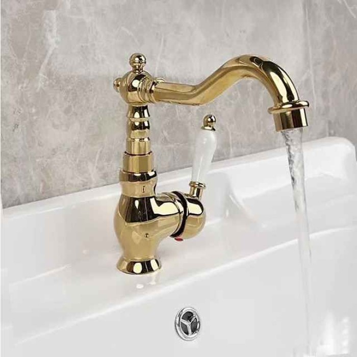 Mono Bathroom Sink Mixer Faucet Brass, Deck Mounted Single Lever Basin Taps Ceramic Handle Tap, One Hole Cold and Hot Hose Vessel Faucets