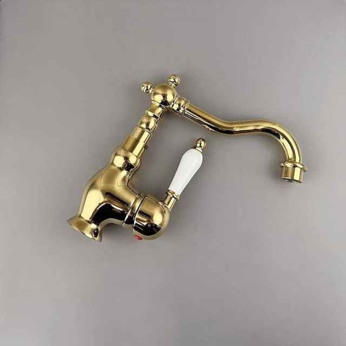 Mono Bathroom Sink Mixer Faucet Brass, Deck Mounted Single Lever Basin Taps Ceramic Handle Tap, One Hole Cold and Hot Hose Vessel Faucets