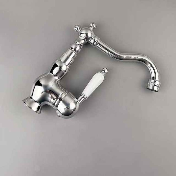 Mono Bathroom Sink Mixer Faucet Brass, Deck Mounted Single Lever Basin Taps Ceramic Handle Tap, One Hole Cold and Hot Hose Vessel Faucets