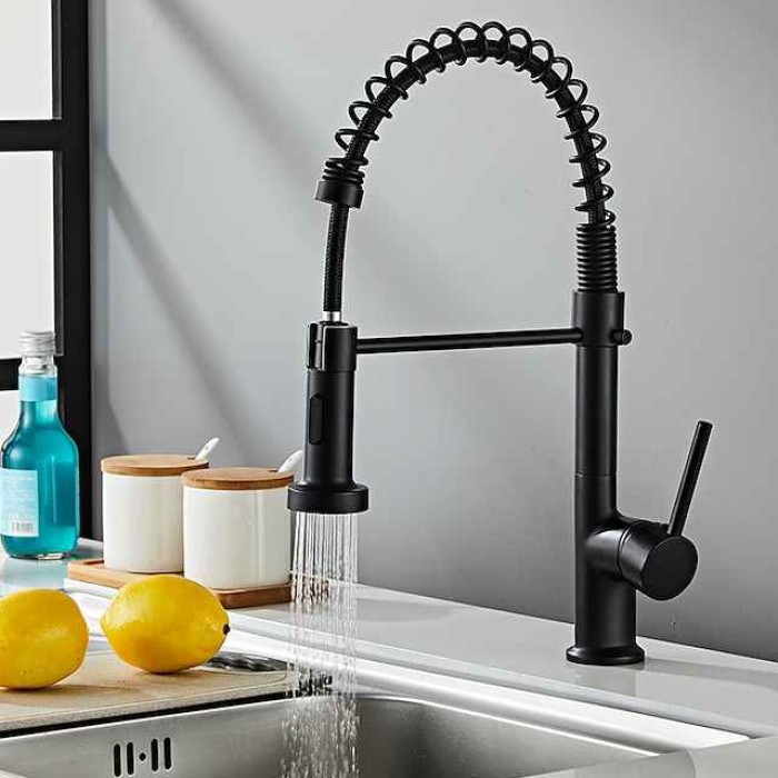 Black Kitchen Sink Mixer Faucet Pull Down, 360° Swivel Spring Vessel Taps with 2 Modes, Single Handle Hole Spring Brass Kitchen Faucets