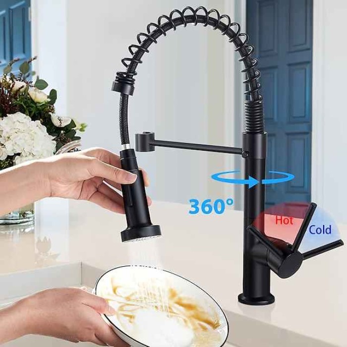 Black Kitchen Sink Mixer Faucet Pull Down, 360° Swivel Spring Vessel Taps with 2 Modes, Single Handle Hole Spring Brass Kitchen Faucets