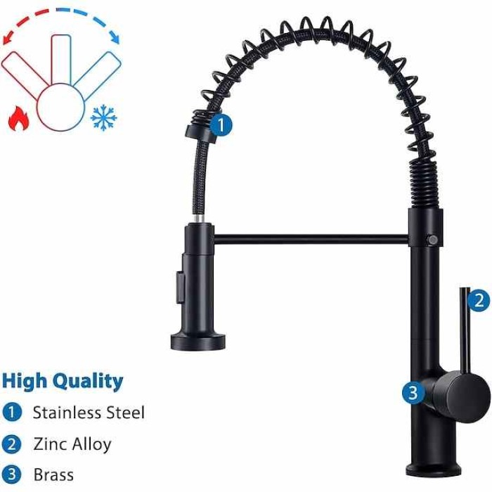 Black Kitchen Sink Mixer Faucet Pull Down, 360° Swivel Spring Vessel Taps with 2 Modes, Single Handle Hole Spring Brass Kitchen Faucets