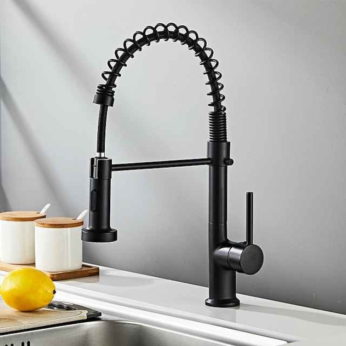 Black Kitchen Sink Mixer Faucet Pull Down, 360° Swivel Spring Vessel Taps with 2 Modes, Single Handle Hole Spring Brass Kitchen Faucets