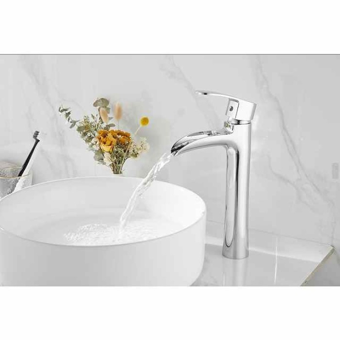 Waterfall Bathroom Sink Mixer Faucet Chrome, Tall Basin Mixer Taps Brass, Single Handle One Hole Tap with Hot and Cold Hose Deck Mounted Vessel Water Tap