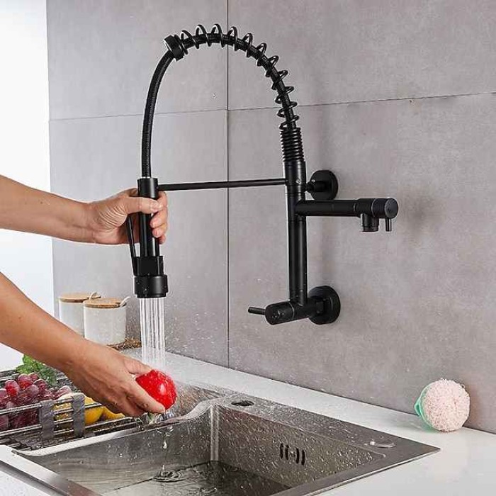 Wall Mounted Kitchen Sink Faucet Only Cold Water Pull Down Sprayer, 360 Swivel Pull Out Kitchen Taps 2 Sprayer Mode Vessel Water Tap Gold Black Chrome