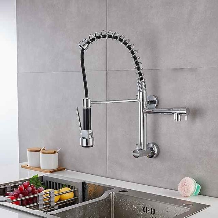 Wall Mounted Kitchen Sink Faucet Only Cold Water Pull Down Sprayer, 360 Swivel Pull Out Kitchen Taps 2 Sprayer Mode Vessel Water Tap Gold Black Chrome