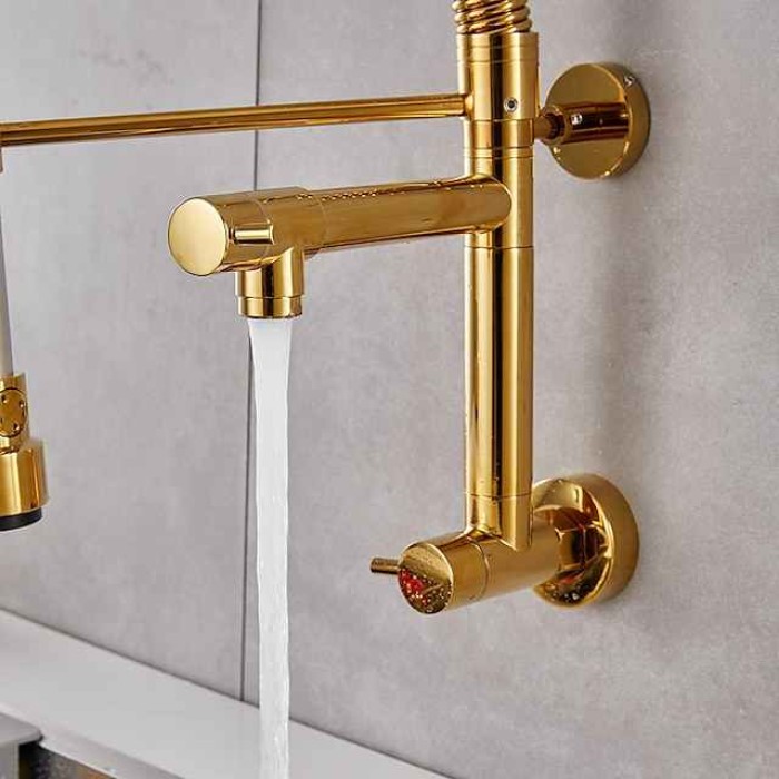 Wall Mounted Kitchen Sink Faucet Only Cold Water Pull Down Sprayer, 360 Swivel Pull Out Kitchen Taps 2 Sprayer Mode Vessel Water Tap Gold Black Chrome