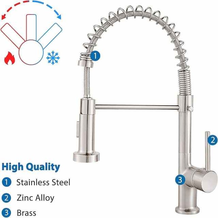 Kitchen Sink Mixer Faucet Pull Down Chrome, 360° Swivel Spring Vessel Taps with 2 Modes, Single Handle Hole Spring Brass Kitchen Faucets