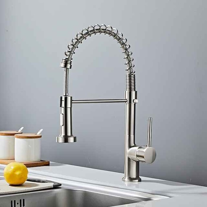 Kitchen Sink Mixer Faucet Pull Down Chrome, 360° Swivel Spring Vessel Taps with 2 Modes, Single Handle Hole Spring Brass Kitchen Faucets