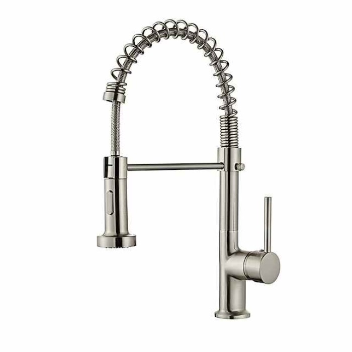 Kitchen Sink Mixer Faucet Pull Down Chrome, 360° Swivel Spring Vessel Taps with 2 Modes, Single Handle Hole Spring Brass Kitchen Faucets