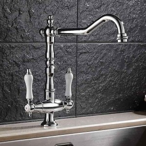 Twin Lever Traditional Kitchen Sink Mixer Taps, Dual Lever Cold and Hot Faucet Deck Mounted, 360° Swivel Spout Sink Tap with 2 Ceramic Handles, Antique Brass Classic Double Handle for Kitchen Bathroom