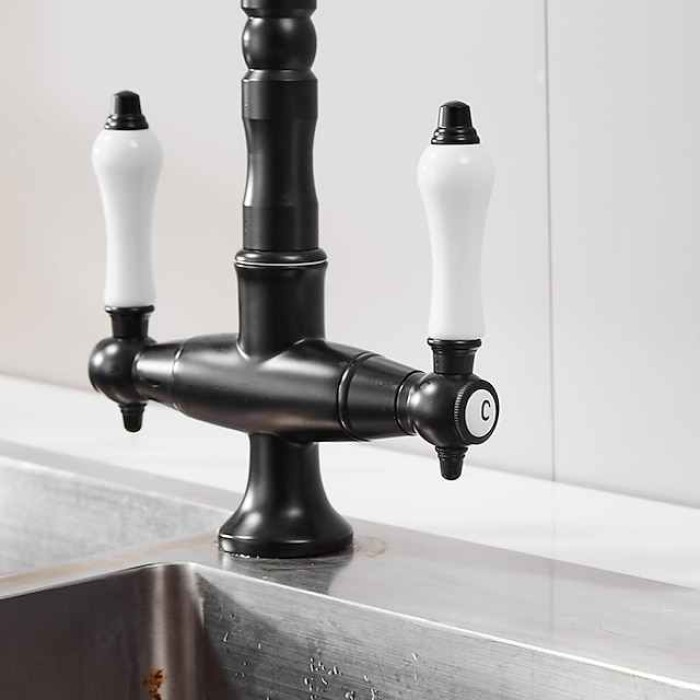 Twin Lever Traditional Kitchen Sink Mixer Taps, Dual Lever Cold and Hot Faucet Deck Mounted, 360° Swivel Spout Sink Tap with 2 Ceramic Handles, Antique Brass Classic Double Handle for Kitchen Bathroom