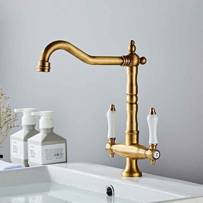 Twin Lever Traditional Kitchen Sink Mixer Taps, Dual Lever Cold and Hot Faucet Deck Mounted, 360° Swivel Spout Sink Tap with 2 Ceramic Handles, Antique Brass Classic Double Handle for Kitchen Bathroom