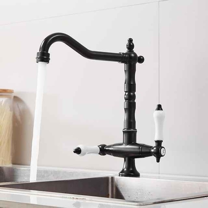 Twin Lever Traditional Kitchen Sink Mixer Taps, Dual Lever Cold and Hot Faucet Deck Mounted, 360° Swivel Spout Sink Tap with 2 Ceramic Handles, Antique Brass Classic Double Handle for Kitchen Bathroom