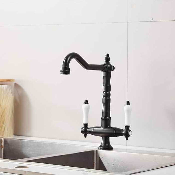 Twin Lever Traditional Kitchen Sink Mixer Taps, Dual Lever Cold and Hot Faucet Deck Mounted, 360° Swivel Spout Sink Tap with 2 Ceramic Handles, Antique Brass Classic Double Handle for Kitchen Bathroom