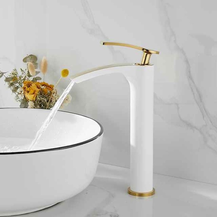 Bathroom Waterfall Sink Faucet, Basin Mixer Taps Tall Short Brass, Deck Mounted Single Handle One Hole Tap with Hot and Cold Hose Vessel Water Tap Washroom