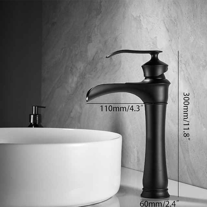 Waterfall Basin Sink Mixer Faucet Black, Tall Bathroom Taps Single Handle One Hole with Hot and Cold Hose Vessel Water Tap Deck Mounted