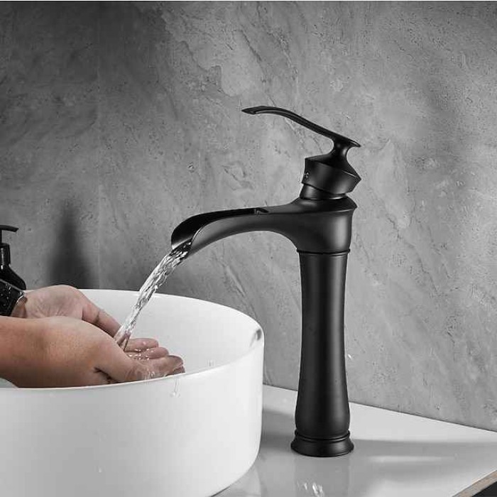 Waterfall Basin Sink Mixer Faucet Black, Tall Bathroom Taps Single Handle One Hole with Hot and Cold Hose Vessel Water Tap Deck Mounted