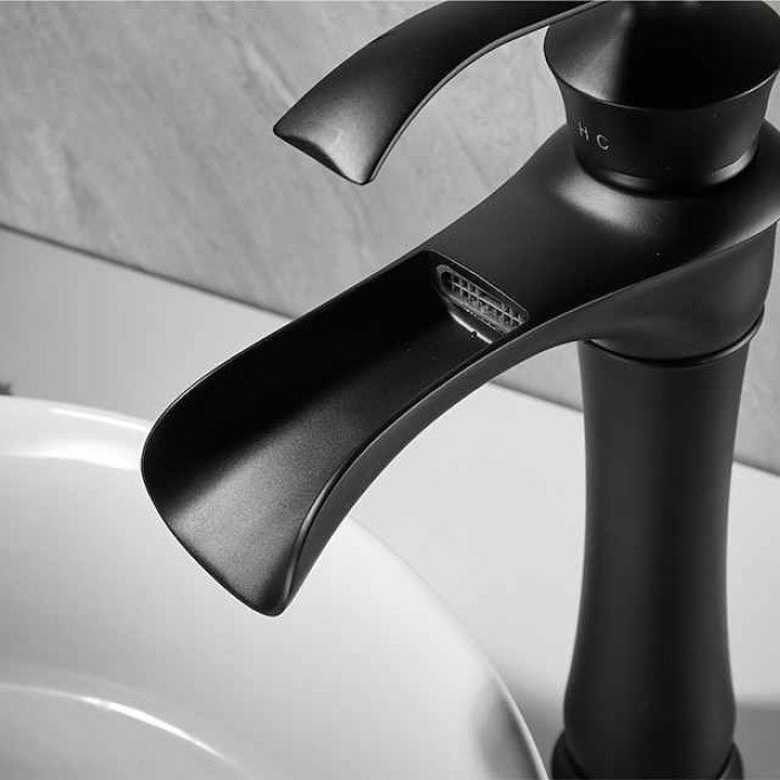 Waterfall Basin Sink Mixer Faucet Black, Tall Bathroom Taps Single Handle One Hole with Hot and Cold Hose Vessel Water Tap Deck Mounted