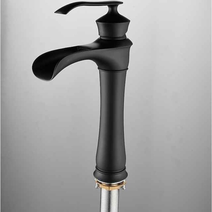 Waterfall Basin Sink Mixer Faucet Black, Tall Bathroom Taps Single Handle One Hole with Hot and Cold Hose Vessel Water Tap Deck Mounted