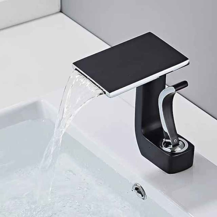 Waterfall Basin Sink Mixer Faucet, Brass Bathroom Taps Single Handle One Hole with Hot and Cold Hose Vessel Water Tap Deck Mounted