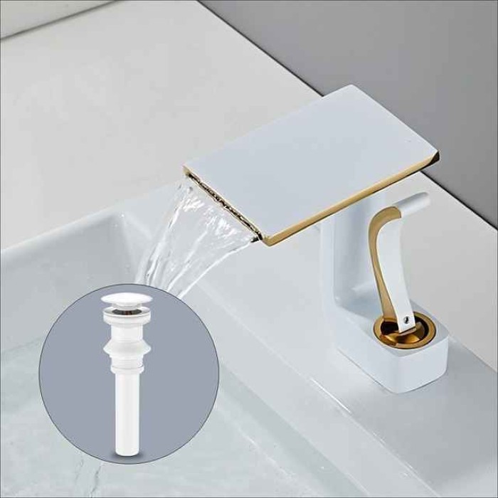 Waterfall Basin Sink Mixer Faucet, Brass Bathroom Taps Single Handle One Hole with Hot and Cold Hose Vessel Water Tap Deck Mounted