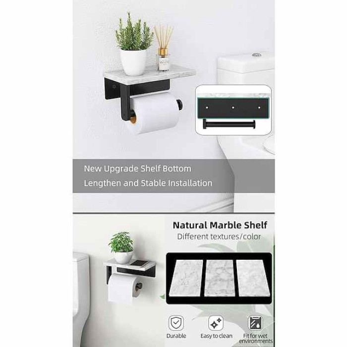 Toilet Paper Holder with Natural Marble Shelf for Bathroom Washroom,Stainless Steel Wall Mounted Tissue Holder Suitable for Mega Roll