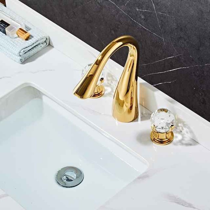 Widespread Bathroom Sink Mixer Faucet, 3 Hole 2 Crystal Handle Traditional Basin Taps Deck Mounted with Hot and Cold Hose, Vessel Water Tap