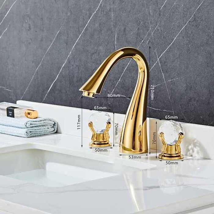 Widespread Bathroom Sink Mixer Faucet, 3 Hole 2 Crystal Handle Traditional Basin Taps Deck Mounted with Hot and Cold Hose, Vessel Water Tap