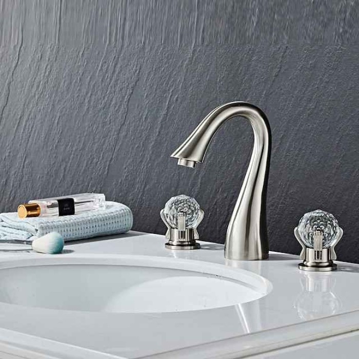 Widespread Bathroom Sink Mixer Faucet, 3 Hole 2 Crystal Handle Traditional Basin Taps Deck Mounted with Hot and Cold Hose, Vessel Water Tap