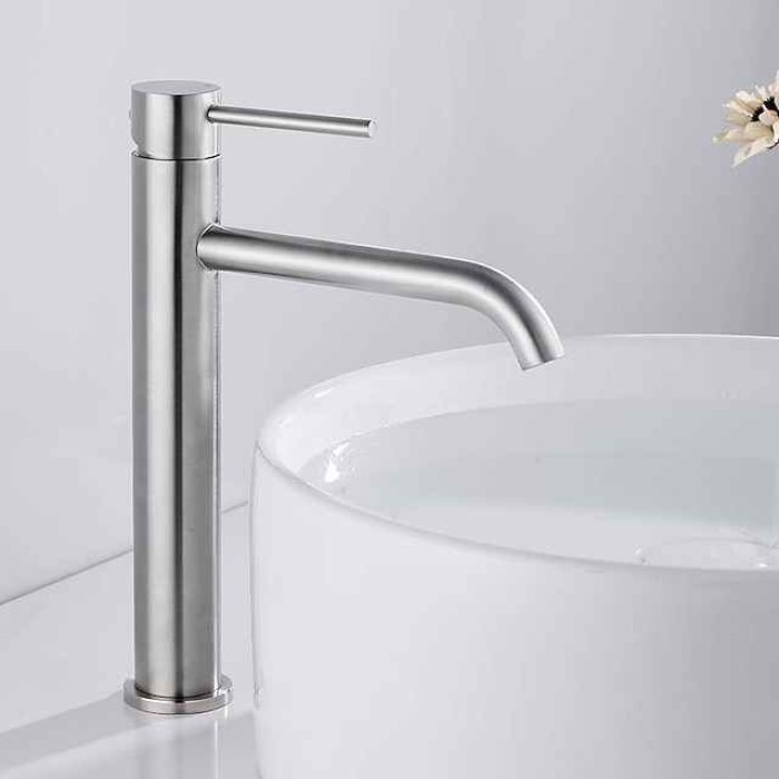 Bathroom Basin Sink Mixer Tap Stainless Steel, Tall Wash Basin Faucet Mono Counter Top Vessel Sink Taps with Hot and Cold Water Hose, Single Lever Handle Monobloc Washroom Vessel Basin Tap