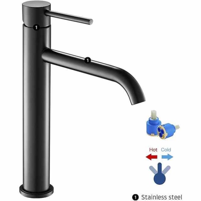 Bathroom Basin Sink Mixer Tap Stainless Steel, Tall Wash Basin Faucet Mono Counter Top Vessel Sink Taps with Hot and Cold Water Hose, Single Lever Handle Monobloc Washroom Vessel Basin Tap