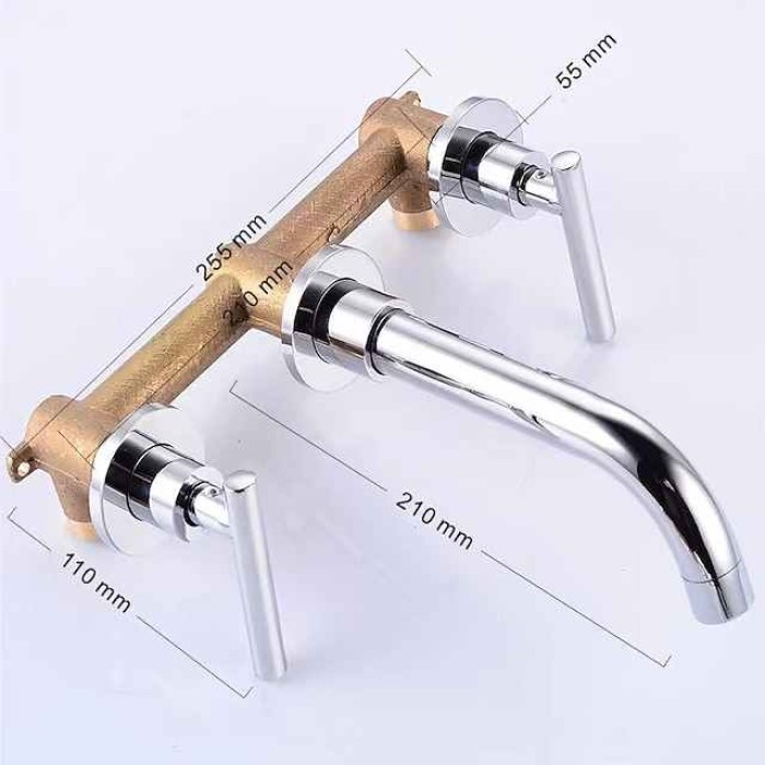 Bathroom Sink Mixer Faucet Wall Mounted, 2 Handle 3 Hole Wash Baxin Brass Taps, Rough in Valve Washroom Basin Tap