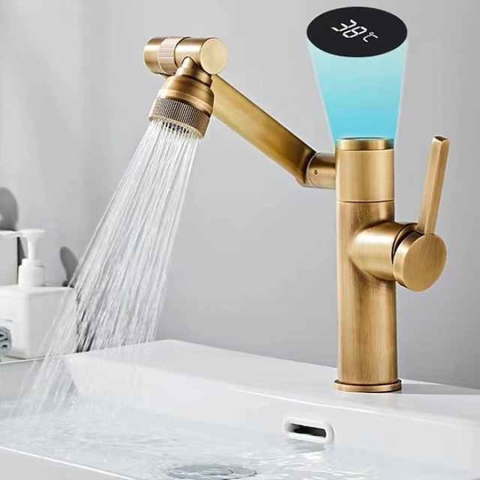 Foldable Bathroom Sink Mixer Faucet LED Displayer, Vintage 360 Swivel Spout Rotatable Wash Basin Tap, Brass Retro Single Handle One Hole with Cold and Hot Water Hose