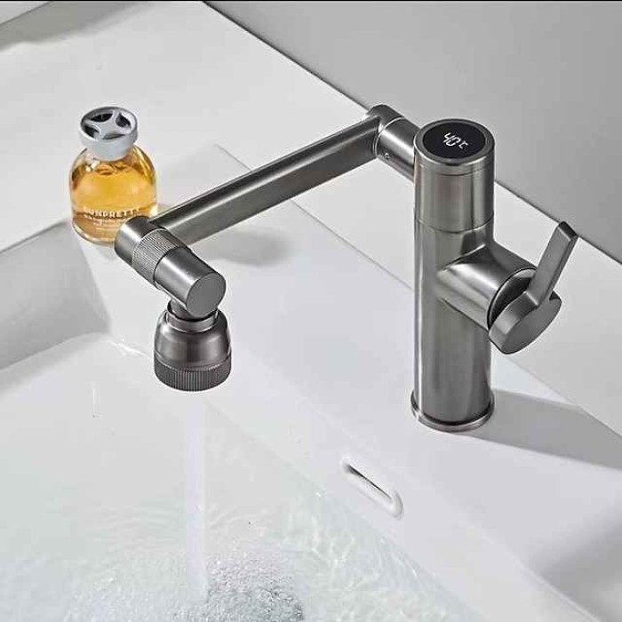 Foldable Bathroom Sink Mixer Faucet LED Displayer, Vintage 360 Swivel Spout Rotatable Wash Basin Tap, Brass Retro Single Handle One Hole with Cold and Hot Water Hose