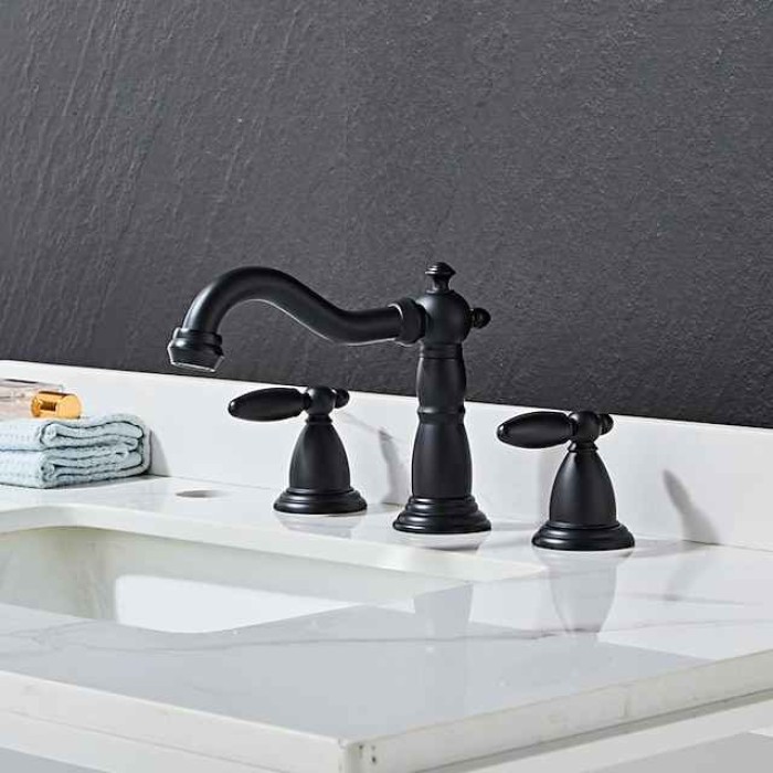 Widespread Bathroom Sink Mixer Faucet, 3 Hole 2 Handle Brass Basin Taps Vessel Water Tap Washroom with Hot and Cold Hose Deck Mounted, Wash Basin Faucet