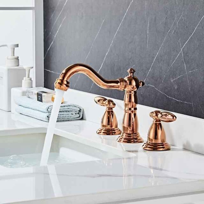 Widespread Bathroom Sink Mixer Faucet, 3 Hole 2 Handle Brass Basin Taps Vessel Water Tap Washroom with Hot and Cold Hose Deck Mounted, Wash Basin Faucet