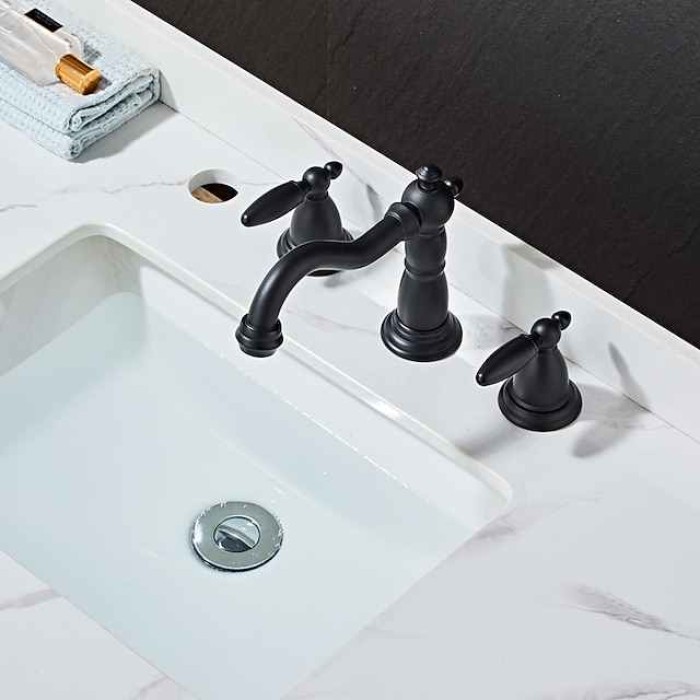 Widespread Bathroom Sink Mixer Faucet, 3 Hole 2 Handle Brass Basin Taps Vessel Water Tap Washroom with Hot and Cold Hose Deck Mounted, Wash Basin Faucet