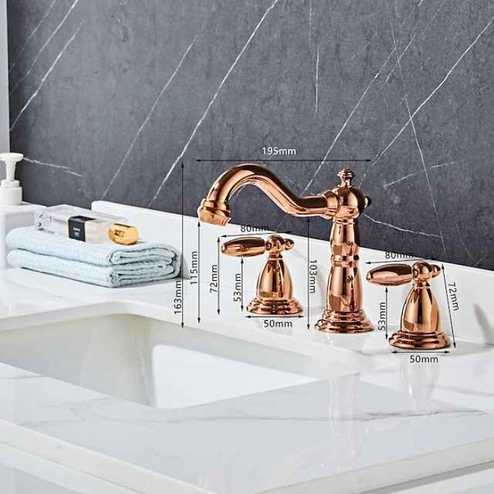 Widespread Bathroom Sink Mixer Faucet, 3 Hole 2 Handle Brass Basin Taps Vessel Water Tap Washroom with Hot and Cold Hose Deck Mounted, Wash Basin Faucet