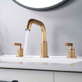 Widespread Bathroom Sink Mixer Faucet 360 Degree Swivel, Brass 3 Hole 2 Handle Basin Tap Deck Mounted, Washroom Basin Vessel Water Tap with Hot and Cold Hose