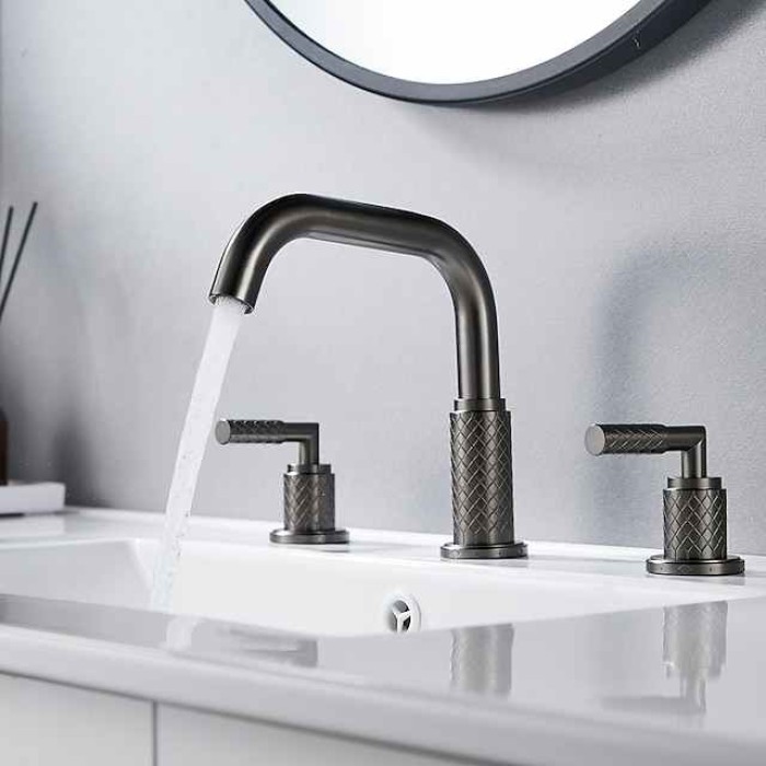 Widespread Bathroom Sink Mixer Faucet 360 Degree Swivel, Brass 3 Hole 2 Handle Basin Tap Deck Mounted, Washroom Basin Vessel Water Tap with Hot and Cold Hose