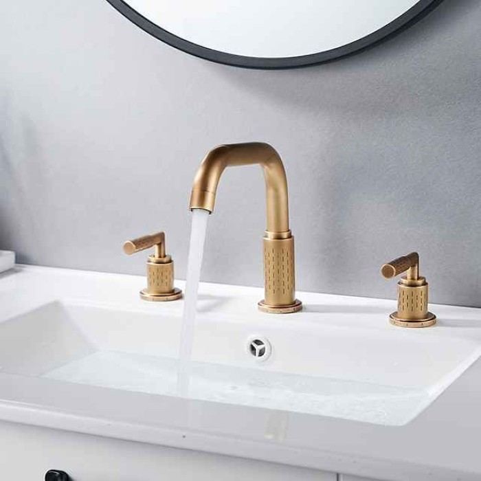 Widespread Bathroom Sink Mixer Faucet 360 Degree Swivel, Brass 3 Hole 2 Handle Basin Tap Deck Mounted, Washroom Basin Vessel Water Tap with Hot and Cold Hose