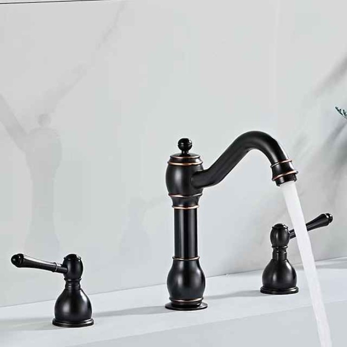 Widespread Bathroom Sink Mixer Faucet, 360° Swivel Brass 3 Hole 2 Handle Basin Tap Deck Mounted, Washroom Basin Vessel Water Tap with Hot and Cold Hose