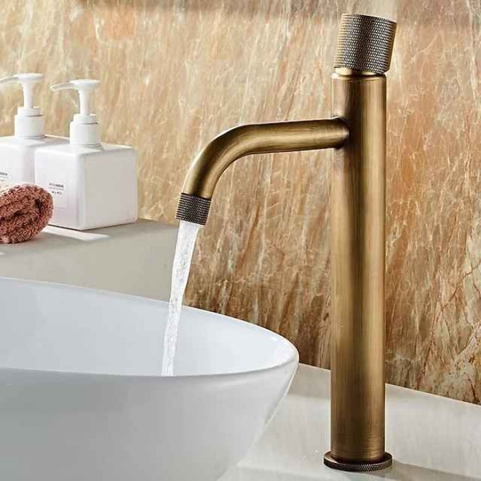 Bathroom Sink Mixer Faucet Single Knob, Vintage Mono Basin Taps Brass Deck Mounted, Monobloc Single Handle One Hole Vessel Water Tap with Hot Cold Water Hose Washroom