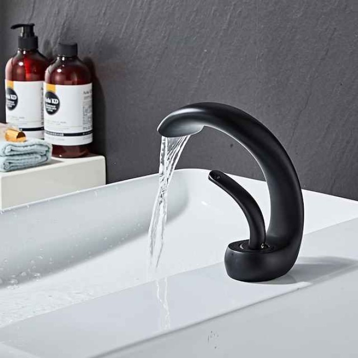 Waterfall Bathroom Sink Mixer Faucet Deck Mount, Mono Wash Basin Single Handle Basin Taps Washroom with Hot and Cold Hose, Monobloc Vessel Water Brass Tap Black White Chrome Brushed