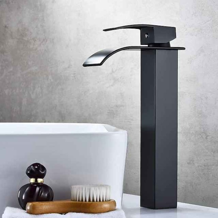 Waterfall Bathroom Sink Mixer Faucet Tall Short, Mono Wash Basin Single Handle Basin Taps, Washroom with Hot and Cold Hose Monobloc Vessel Water Brass Tap Deck Mounted Golden Black