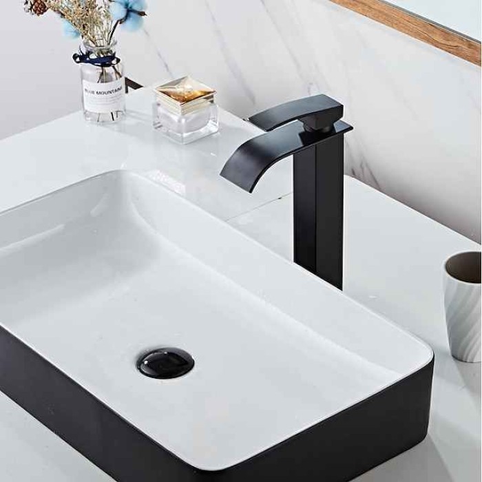 Waterfall Bathroom Sink Mixer Faucet Tall Short, Mono Wash Basin Single Handle Basin Taps, Washroom with Hot and Cold Hose Monobloc Vessel Water Brass Tap Deck Mounted Golden Black