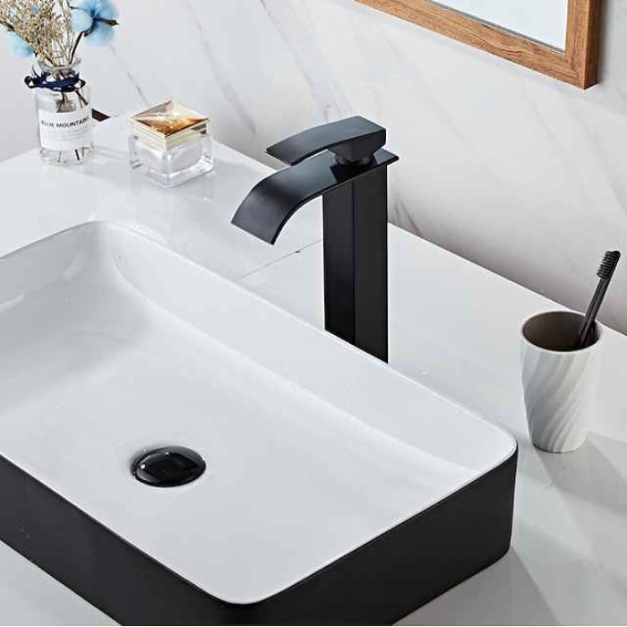 Waterfall Bathroom Sink Mixer Faucet Tall Short, Mono Wash Basin Single Handle Basin Taps, Washroom with Hot and Cold Hose Monobloc Vessel Water Brass Tap Deck Mounted Golden Black