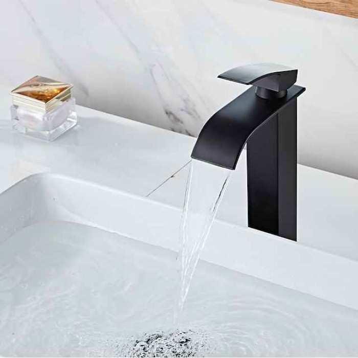 Waterfall Bathroom Sink Mixer Faucet Tall Short, Mono Wash Basin Single Handle Basin Taps, Washroom with Hot and Cold Hose Monobloc Vessel Water Brass Tap Deck Mounted Golden Black