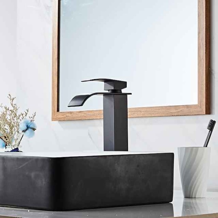 Waterfall Bathroom Sink Mixer Faucet Tall Short, Mono Wash Basin Single Handle Basin Taps, Washroom with Hot and Cold Hose Monobloc Vessel Water Brass Tap Deck Mounted Golden Black